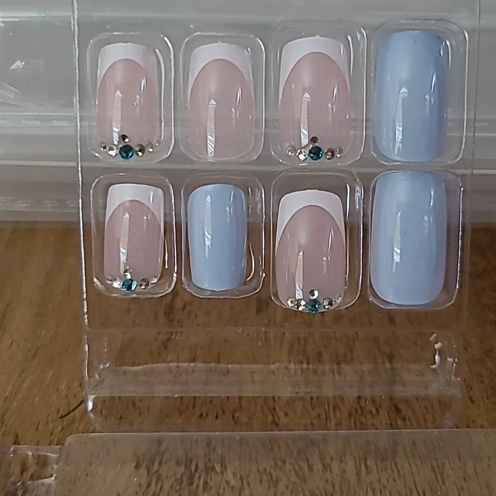 2/$16 Rhinestone Blue Long Press On Nails